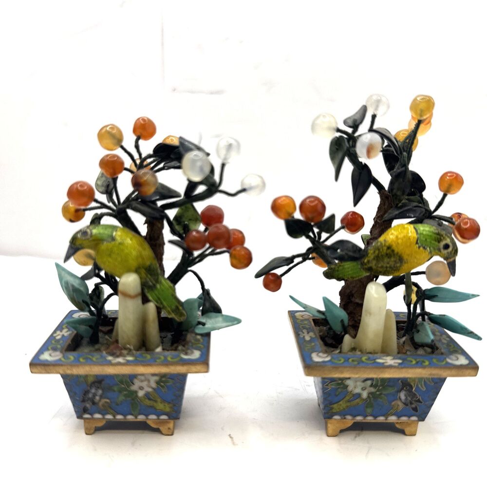 Pair of Antique 20th c. Chinese Parrot, Turquoise Agate Flower Bonsai Tree